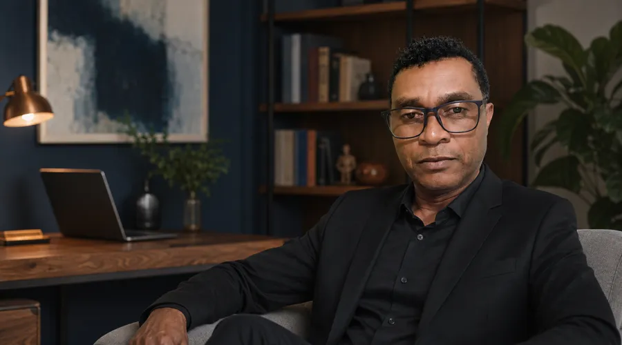 José Geraldo sentado em uma ambientação profissional moderna para atendimento online.